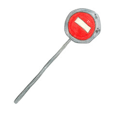 Road sign, red circle with white rectangle. Hand-drawn watercolor illustration, cartoon. Town, game, children, child, boy, car, transport, auto, automobile, rules, road sign