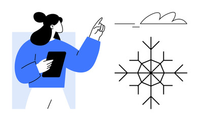 Woman with dark hair holds tablet and points at cloud and snowflake shapes. Ideal for weather apps, climate science, education, forecasting, winter planning, digital analysis, simple flat metaphor