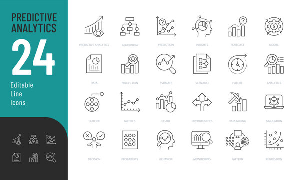 Predictive Analytics Line Editable Icons set. Vector illustration in modern thin style of business related icons: forecast, algorithm, trends, and more. Isolated on transparent background.
