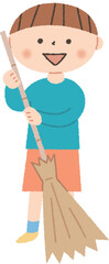 竹箒で掃除する男の子
