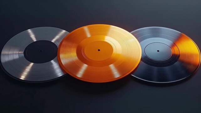 Three vinyl records in silver gold and black old music on dark background