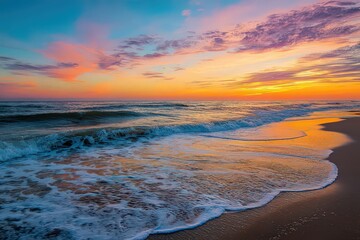 Ocean Waves Washing Ashore Under A Dramatic Sunset Sky with Orange Yellow and Blue Hues