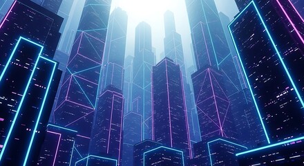 Futuristic cityscape with neon lights and towering skyscrapers at night