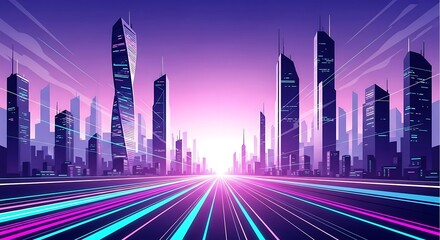 Futuristic cityscape with neon lights and skyscrapers at sunset