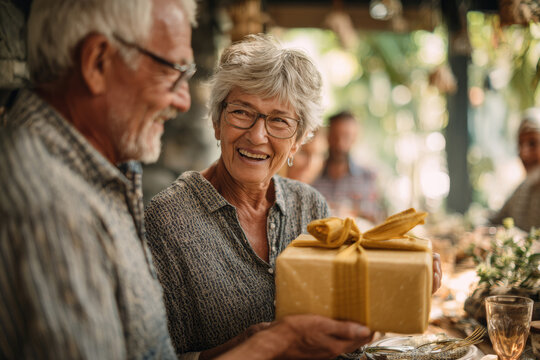 Smiling elderly couple exchanging a wrapped gift at festive family gathering. Happy senior man and woman holding presents at home. Concept of family, love, and celebration.