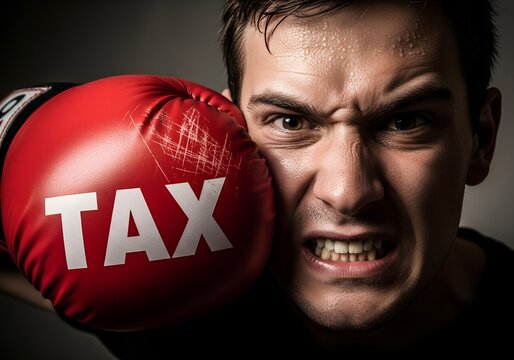 Intense Close up of a Mans Face Expressing Stress, with a Red Boxing Glove Labeled tax Symbolizing Financial Burden