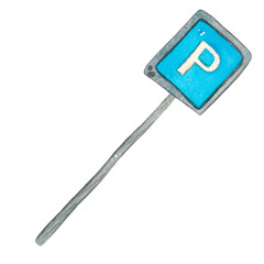 Road sign, blue square, parking. Hand-drawn watercolor illustration, cartoon. Town, game, children, child, boy, car, transport, auto, automobile, rules, road sign