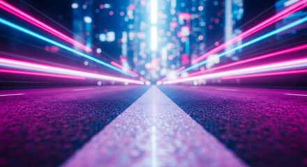 Abstract futuristic city street at night with neon light trails and bokeh