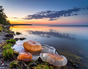 Jellyfish on a shore at sunset, reflecting on calm water