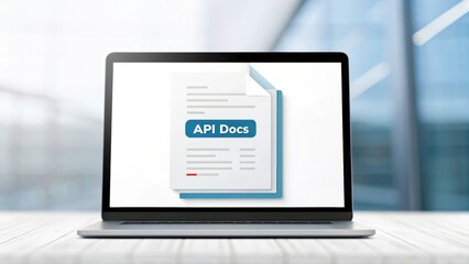 API Documentation A laptop displaying an API documentation page on a modern workspace background.
