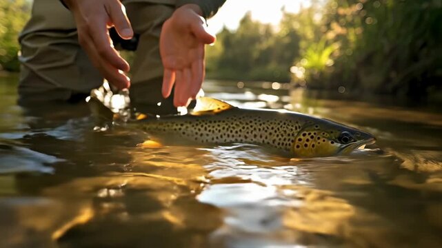 Man releasing brown trout in sunlit stream during catch and release fishing