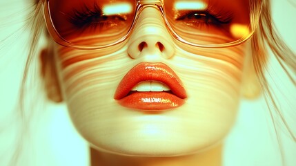 Model showcases vibrant makeup with stylish sunglasses in a bright setting during a photoshoot session