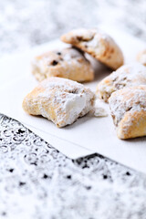Stollen Bites on bright background. Soft focus. Close up. Copy space.	