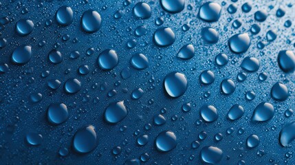 Macro Photo of Water Droplets on Blue Textured Surface with Gleaming Highlights and Abstract Background Texture