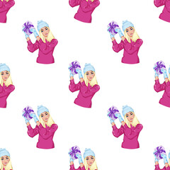 Christmas celebration. Cute flat girl with gift box. Gifts for Birthday, Valentine Day or Christmas New Year Holiday. Holiday present.