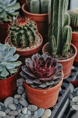 Collection of succulents and cacti in terracotta pots