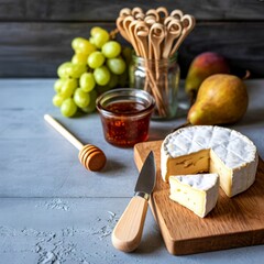 Delicious brie cheese board with grapes pears and honey