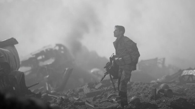 Black and white war battlefield scene with soldier crawling through smoke and debris, destroyed tanks and helmets scattered, cinematic dramatic concept of destruction, loss, courage, sacrifice, and tr