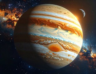 Large gas giant with bands, moons, and vibrant space background
