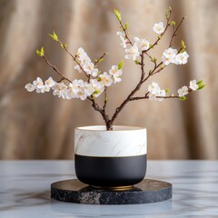 Elegant Single Plum Blossom Branch in Decorative Pot Arrangement
