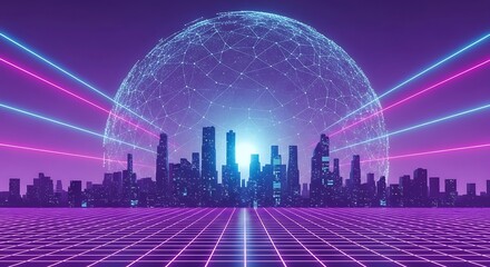 Futuristic cityscape with glowing neon grid and digital sphere overhead