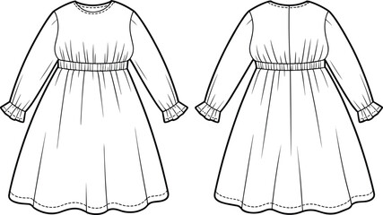Long sleeve girls dress, baby frock flat sketch, front and back view, gathered waist design, cad drawing flat vector illustration