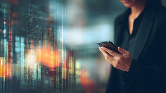 Businesswoman checking stock market data on smartphone with abstract digital chart overlay, perfect for fintech blog, data analysis concept