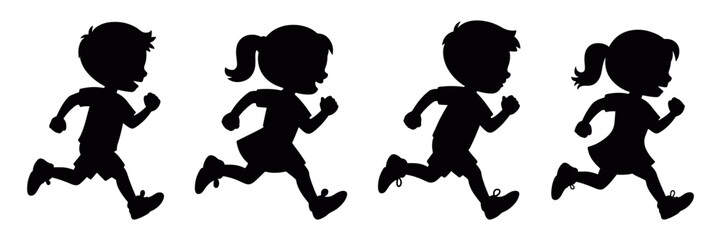 Running children silhouette vector illustration, active kids sport design, childhood activity and movement concept, fitness and outdoor exercise icon set for education visuals