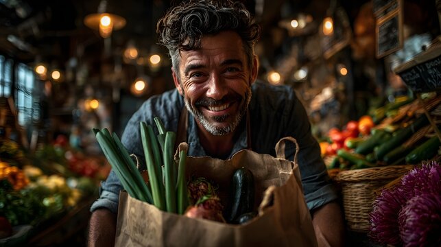 Friendly market vendor holding paper bag of fresh produce with warm smile, perfect for organic food promo, local business ad