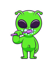 Obraz premium A green cartoon alien character brushing its teeth with a pink toothbrush on a white background with a playful mood.