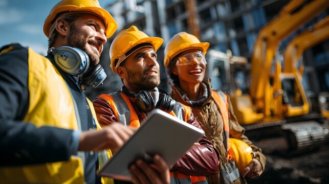 Diverse team of construction workers in safety gear reviewing site plans on tablet, perfect for engineering ad, workforce development campaign
