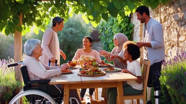 Cozy family dinner in sunny garden with diverse family members. Multinational family enjoying friendly meal with variety of dishes on table. Elderly woman in wheelchair pleasantly awaits.