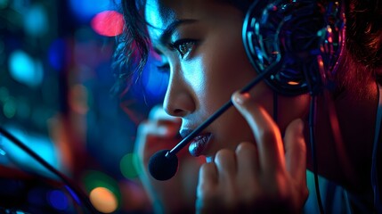 Focused IT professional with headset managing glowing server cables in data center, perfect for tech service ads, cybersecurity themes