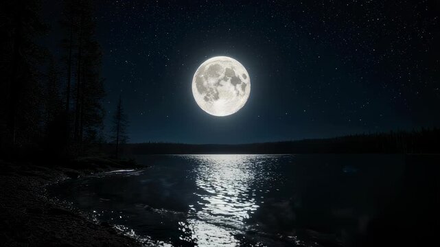 Full moon shines over a serene lake at night