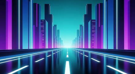 Futuristic cityscape with neon lights and reflections on a road