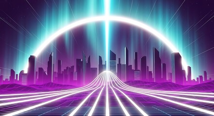 Futuristic cityscape with neon lights and glowing data streams