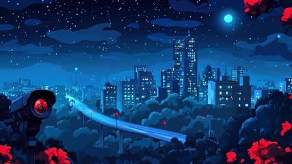 Surveillance camera overlooking night cityscape with skyscrapers and red flowers - Powered by Adobe