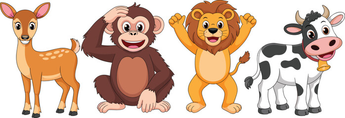 Cute cartoon deer, monkey, lion and cow illustration, funny zoo and farm animals vector for kids education and design