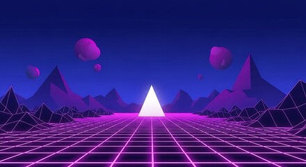 Retro futuristic neon grid landscape with glowing pyramid and mountains