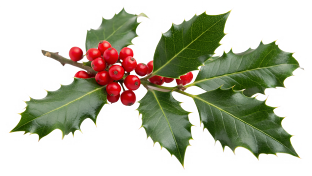 A sprig of holly features vibrant red berries nestled among glossy green leaves isolated on transparent background