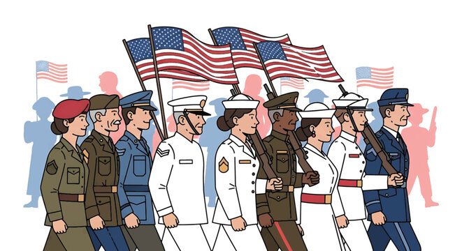 Illustration of diverse military personnel marching with American flags in various uniforms.