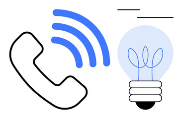 Phone receiver with blue signal waves and light bulb with plant inside blend communication, idea generation, and eco-friendly design. Ideal for innovation, technology, connectivity, sustainability