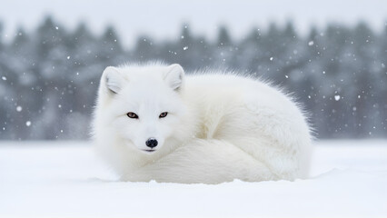 Obraz premium A majestic white Arctic fox, perfectly camouflaged in its pristine winter environment, rests gracefully in the snow amidst a tranquil forest landscape with falling flakes