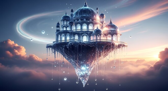 Majestic Floating Palace in a Dreamy Sky with Glowing Orbits and Ethereal Clouds at Sunset.
