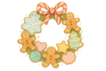 Fototapeta premium Christmas cookie wreath with gingerbread men, festive elements, and a candy cane bow, transparent background