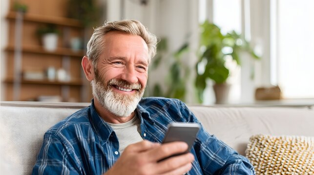 Happy senior man using smartphone on cozy couch at home, perfect for blog header, retirement ad - Powered by Adobe