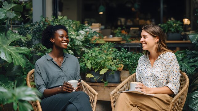 Two professional women having a cheerful coffee conversation in lush modern office, perfect for business blogs, diversity campaigns