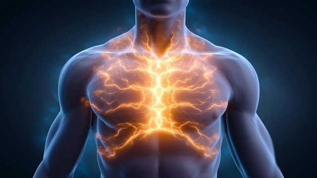 A graphic of a person with glowing light inside the body, symbolizing energy burning and conversion within the body. Energy conversion, active metabolism, fat burning, and energy release.