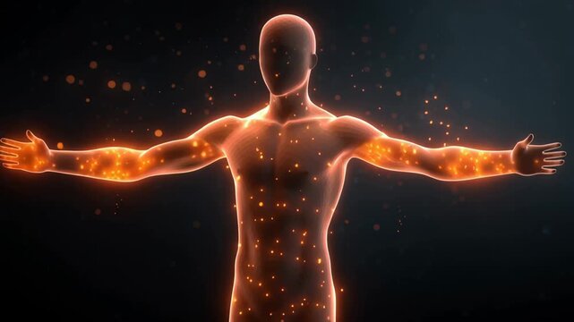 A graphic of a person with glowing light inside the body, symbolizing energy burning and conversion within the body. Energy conversion, active metabolism, fat burning, and energy release.