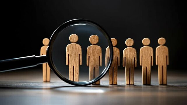 Magnifying glass highlights one wooden figure among identical models on table